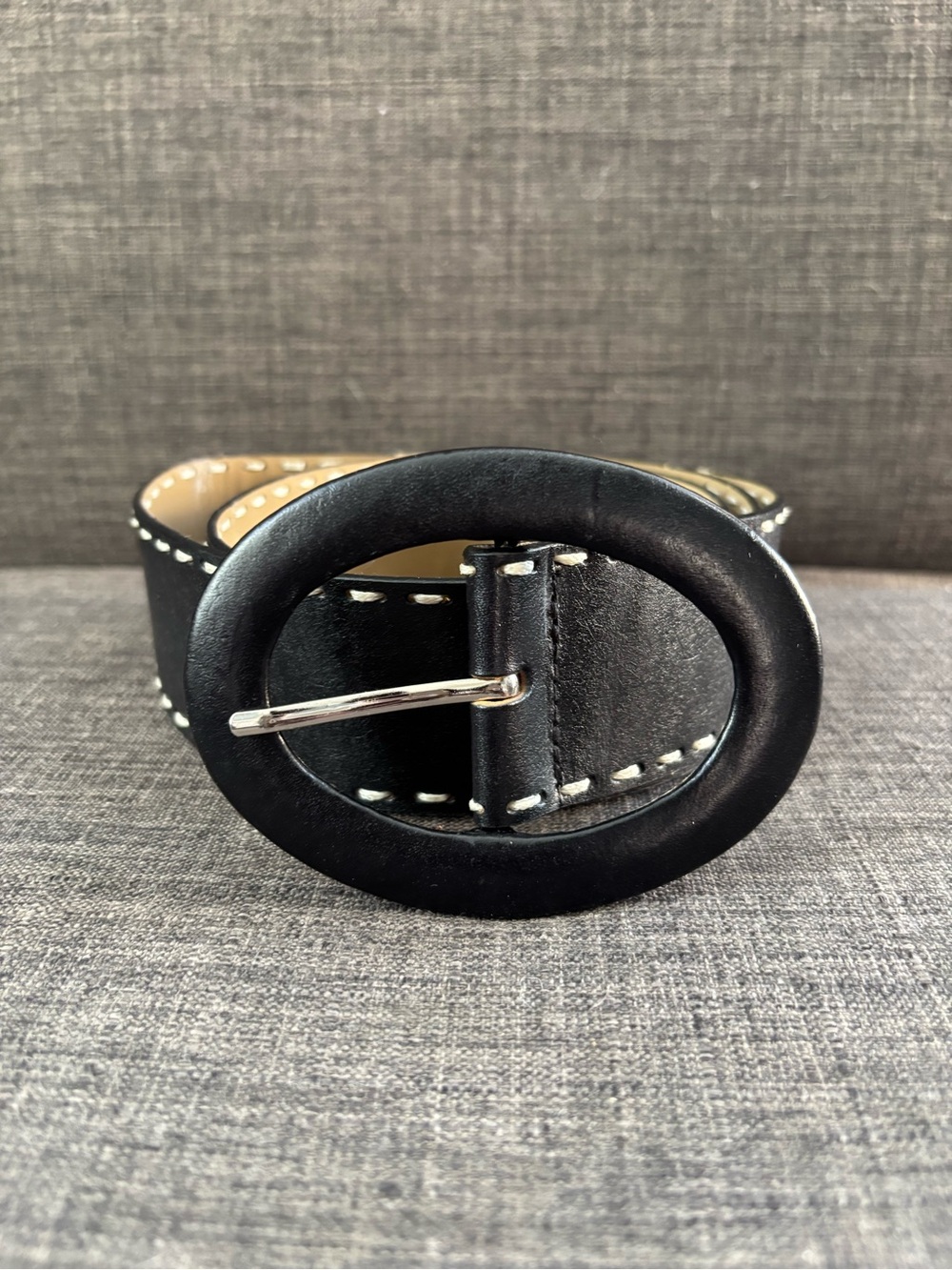 White House Black Market Black Leather Belt with Oval Buckle Contrast Stitching